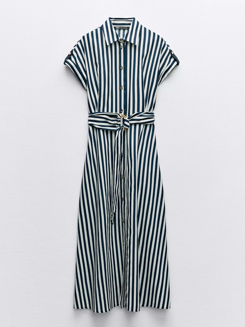 Zara Striped Button-Front Shirt Dress with Waist Tie - Navy & White linen blend